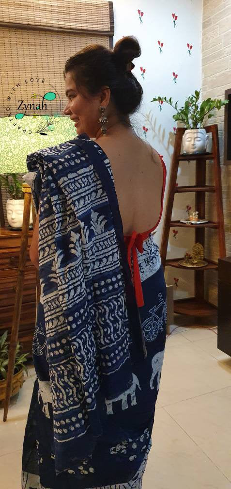 Zynah Pure Mal Cotton Handblock printed Indigo Sarees; Custom Stitched/Ready-made Blouse, Fall, Petticoat; Shipping available USA, Worldwide