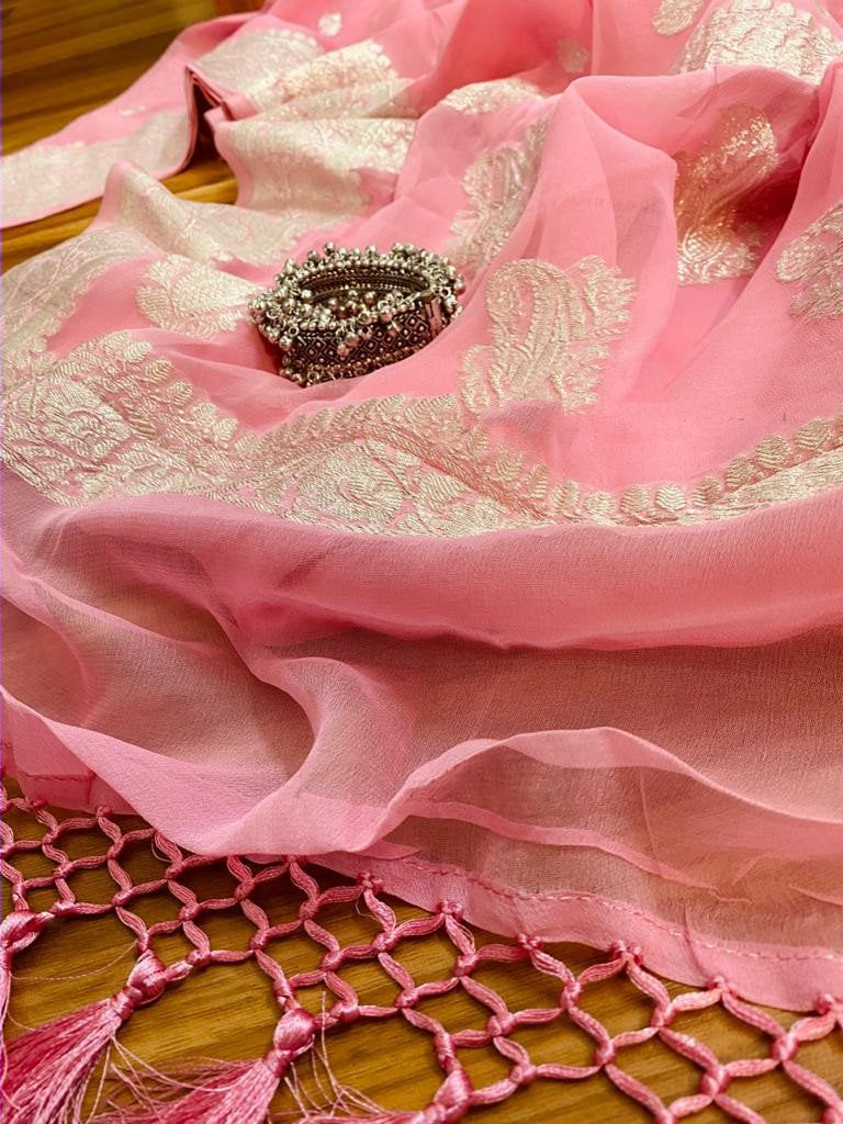 Zynah Pure Banarasi Handloom Khaddi Georgette Saree with Zari Border & Butis; Custom Stitched/Ready-made Blouse, Fall, Petticoat; Shipping available USA, Worldwide