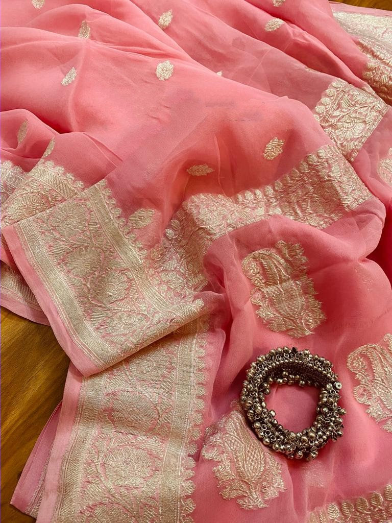 Zynah Pure Banarasi Handloom Khaddi Georgette Saree with Zari Border & Butis; Custom Stitched/Ready-made Blouse, Fall, Petticoat; Shipping available USA, Worldwide