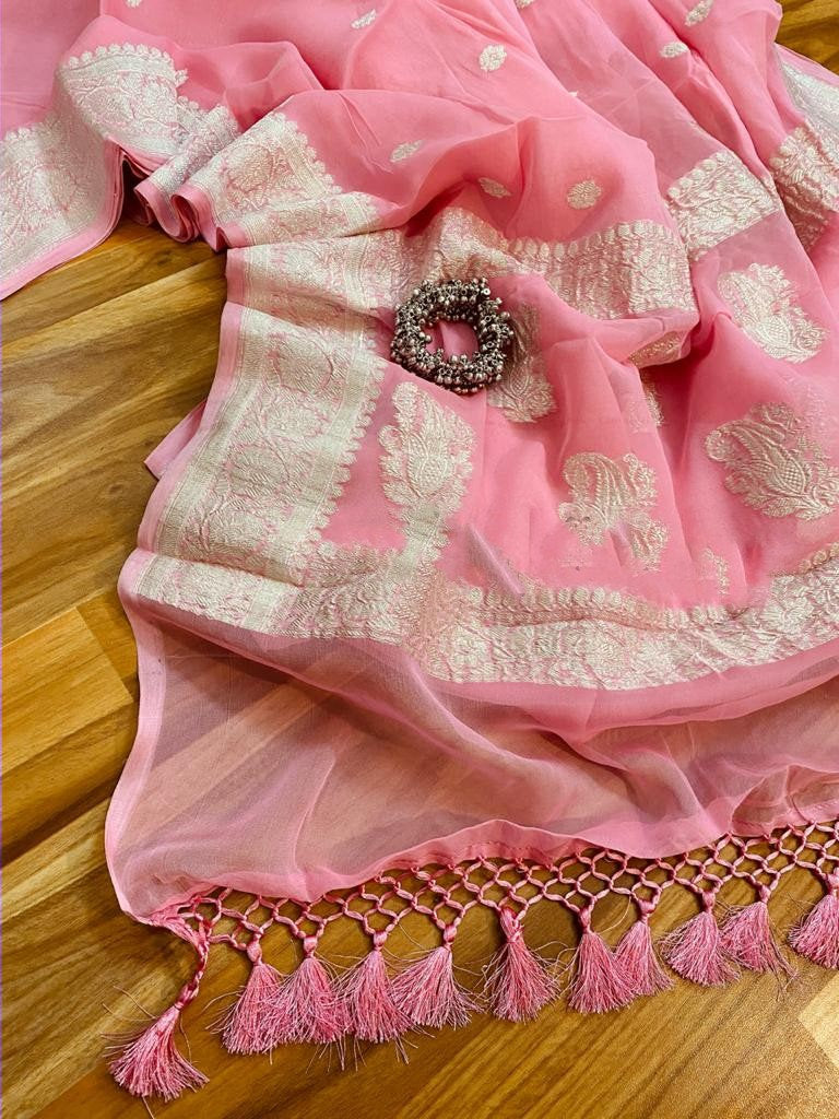 Zynah Pure Banarasi Handloom Khaddi Georgette Saree with Zari Border & Butis; Custom Stitched/Ready-made Blouse, Fall, Petticoat; Shipping available USA, Worldwide