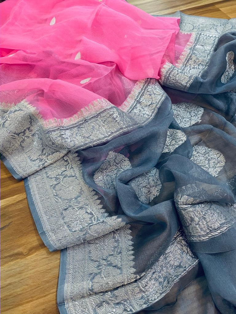 Zynah Pure Banarasi Handloom Khaddi Georgette Saree with Zari Border & Butis; Custom Stitched/Ready-made Blouse, Fall, Petticoat; Shipping available USA, Worldwide