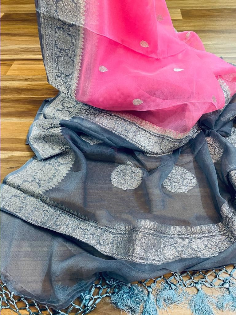Zynah Pure Banarasi Handloom Khaddi Georgette Saree with Zari Border & Butis; Custom Stitched/Ready-made Blouse, Fall, Petticoat; Shipping available USA, Worldwide
