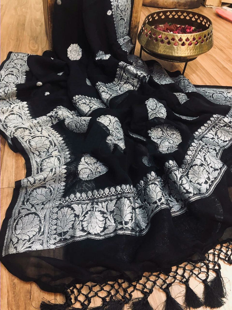 Zynah Pure Banarasi Handloom Khaddi Georgette Saree with Zari Border & Butis; Custom Stitched/Ready-made Blouse, Fall, Petticoat; Shipping available USA, Worldwide