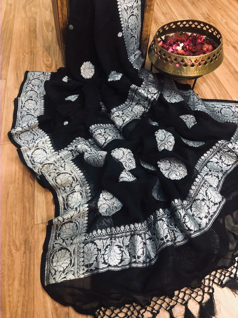 Zynah Pure Banarasi Handloom Khaddi Georgette Saree with Zari Border & Butis; Custom Stitched/Ready-made Blouse, Fall, Petticoat; Shipping available USA, Worldwide