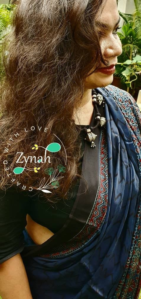 Zynah Pure Modal Silk Ajrakh Saree with Handblock Prints; Custom Stitched/Ready-made Blouse, Fall, Petticoat; Shipping available USA, Worldwide