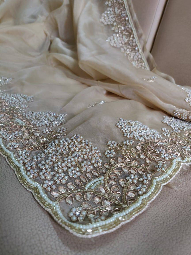 Zynah Organza Silk Saree with Cut-dana Work, Pearls, Beads, Gotapatti Work; Custom Stitched/Ready-made Blouse, Fall, Petticoat; Shipping available USA, Worldwide