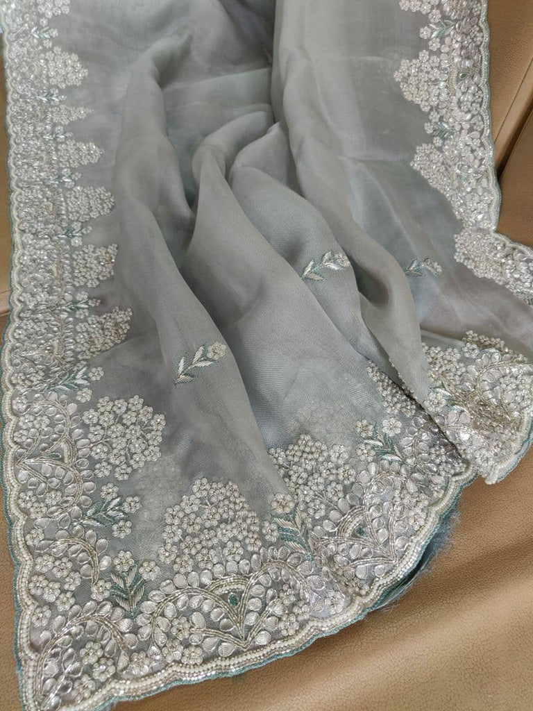 Zynah Organza Silk Saree with Cut-dana Work, Pearls, Beads, Gotapatti Work; Custom Stitched/Ready-made Blouse, Fall, Petticoat; Shipping available USA, Worldwide