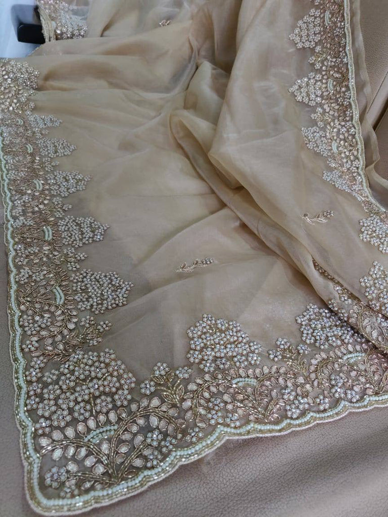Zynah Organza Silk Saree with Cut-dana Work, Pearls, Beads, Gotapatti Work; Custom Stitched/Ready-made Blouse, Fall, Petticoat; Shipping available USA, Worldwide