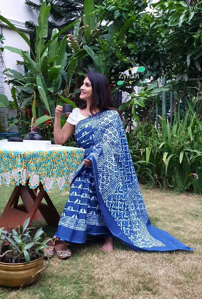 Zynah Pure Mal Cotton Handblock printed Indigo Sarees; Custom Stitched/Ready-made Blouse, Fall, Petticoat; Shipping available USA, Worldwide