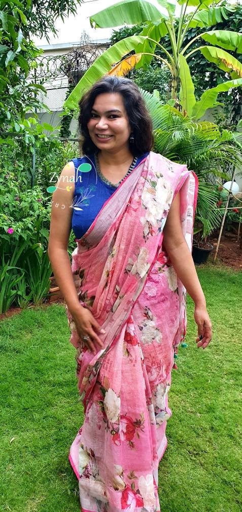Zynah Digital Printed Organic Lab Tested 120 Count pure 'Linen by Linen' Handcrafted Saree; Custom Stitched/Ready-made Blouse, Fall, Petticoat; Shipping available USA, Worldwide