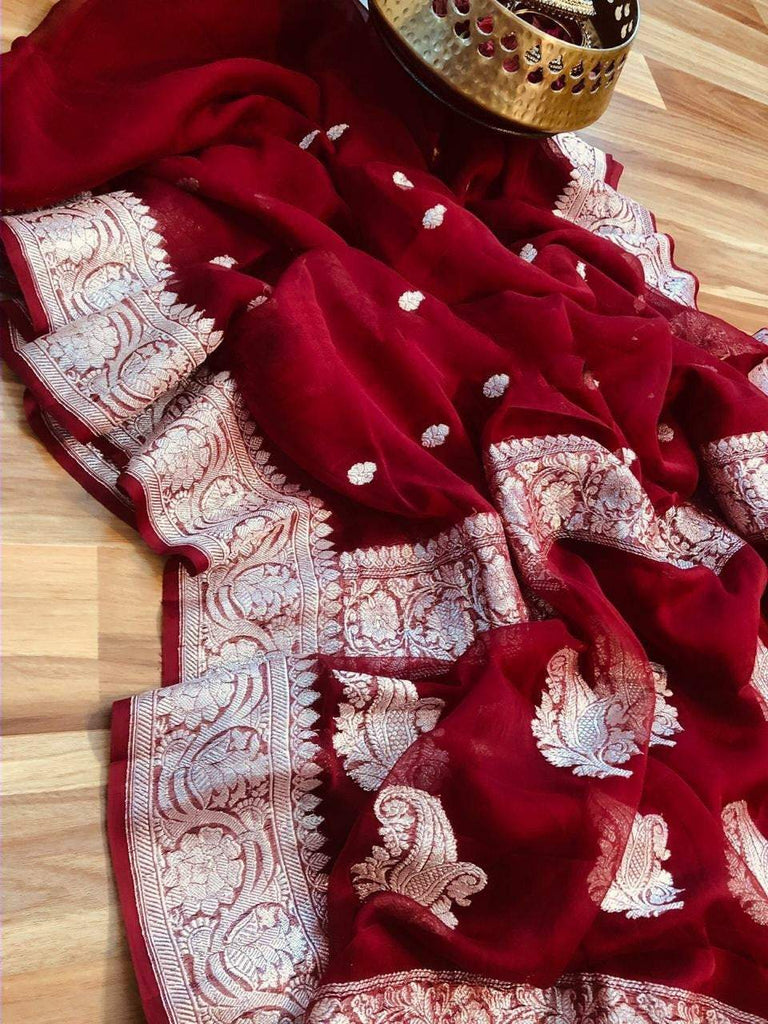 Zynah Pure Banarasi Handloom Khaddi Georgette Saree with Zari Border & Butis; Custom Stitched/Ready-made Blouse, Fall, Petticoat; Shipping available USA, Worldwide