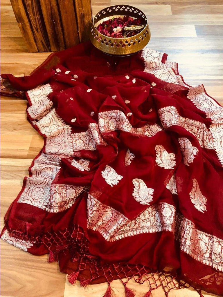 Zynah Pure Banarasi Handloom Khaddi Georgette Saree with Zari Border & Butis; Custom Stitched/Ready-made Blouse, Fall, Petticoat; Shipping available USA, Worldwide