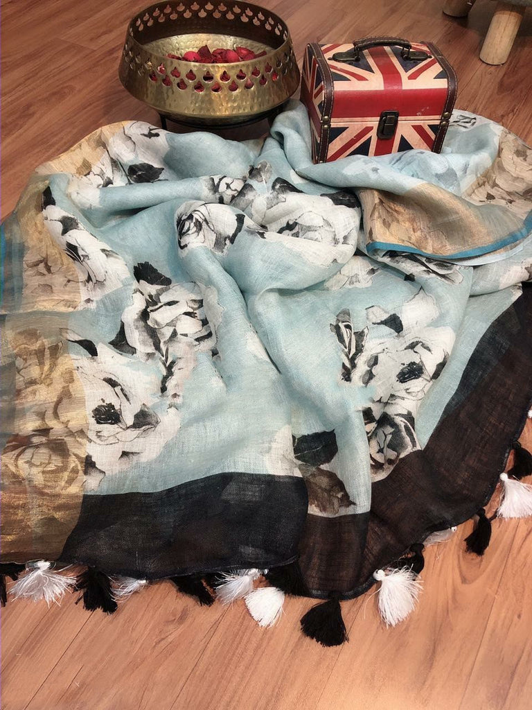 Zynah Digital Printed Organic Lab Tested 120 Count pure 'Linen by Linen' Saree; Custom Stitched/Ready-made Blouse, Fall, Petticoat; Shipping available USA, Worldwide