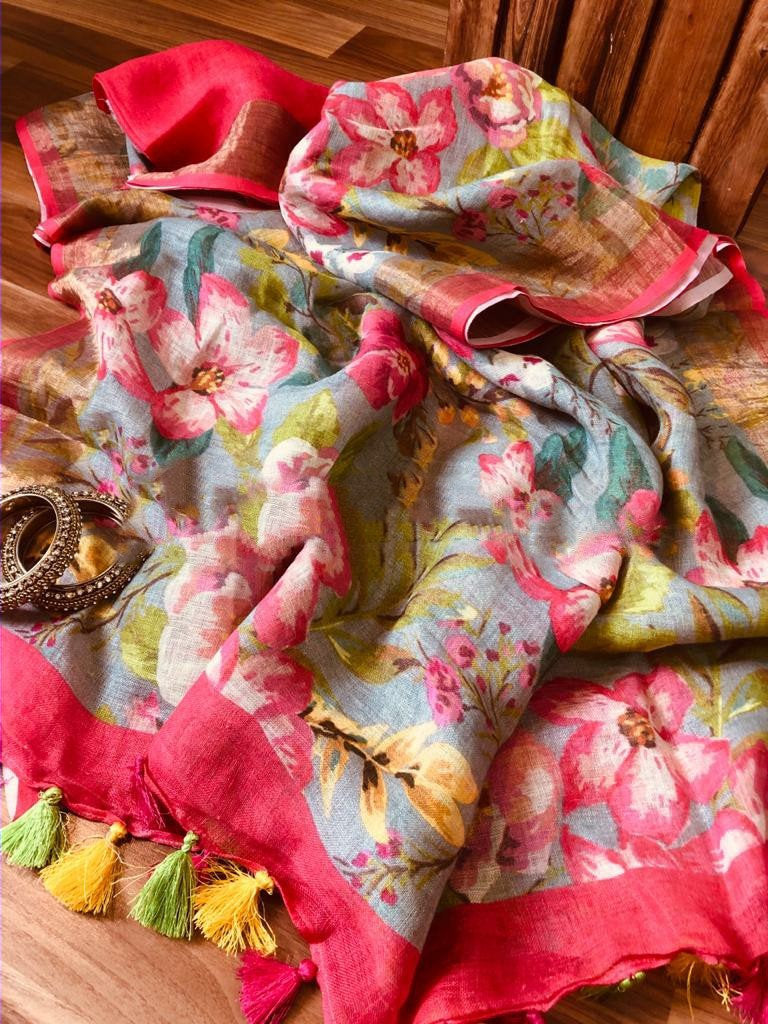 Zynah Digital Printed Organic Lab Tested 120 Count pure 'Linen by Linen' Saree; Custom Stitched/Ready-made Blouse, Fall, Petticoat; Shipping available USA, Worldwide