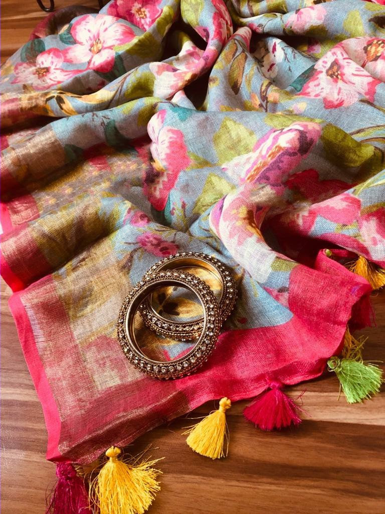 Zynah Digital Printed Organic Lab Tested 120 Count pure 'Linen by Linen' Saree; Custom Stitched/Ready-made Blouse, Fall, Petticoat; Shipping available USA, Worldwide