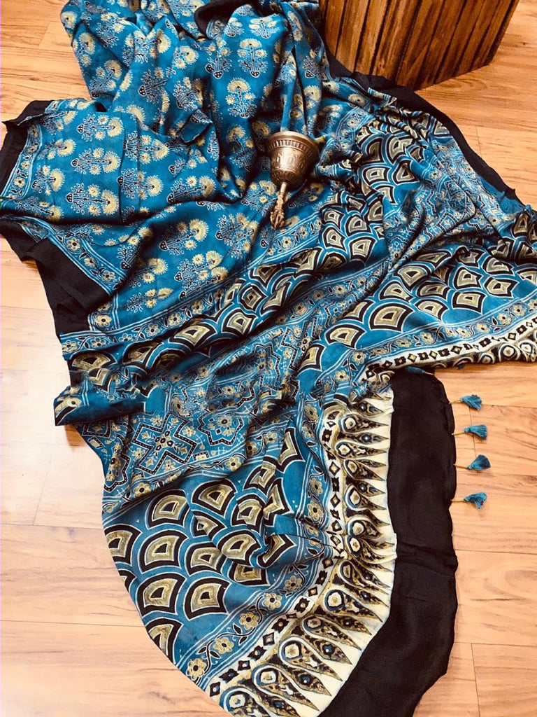 Zynah Pure Modal Silk Ajrakh Saree with Handblock Prints; Custom Stitched/Ready-made Blouse, Fall, Petticoat; Shipping available USA, Worldwide