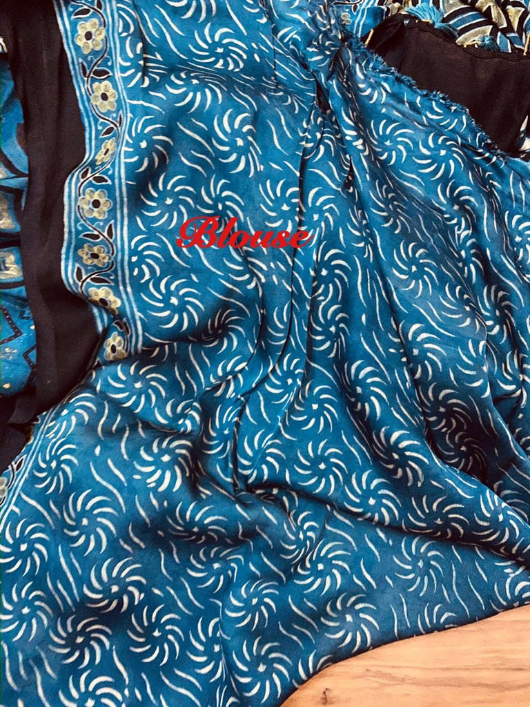 Zynah Pure Modal Silk Ajrakh Saree with Handblock Prints; Custom Stitched/Ready-made Blouse, Fall, Petticoat; Shipping available USA, Worldwide