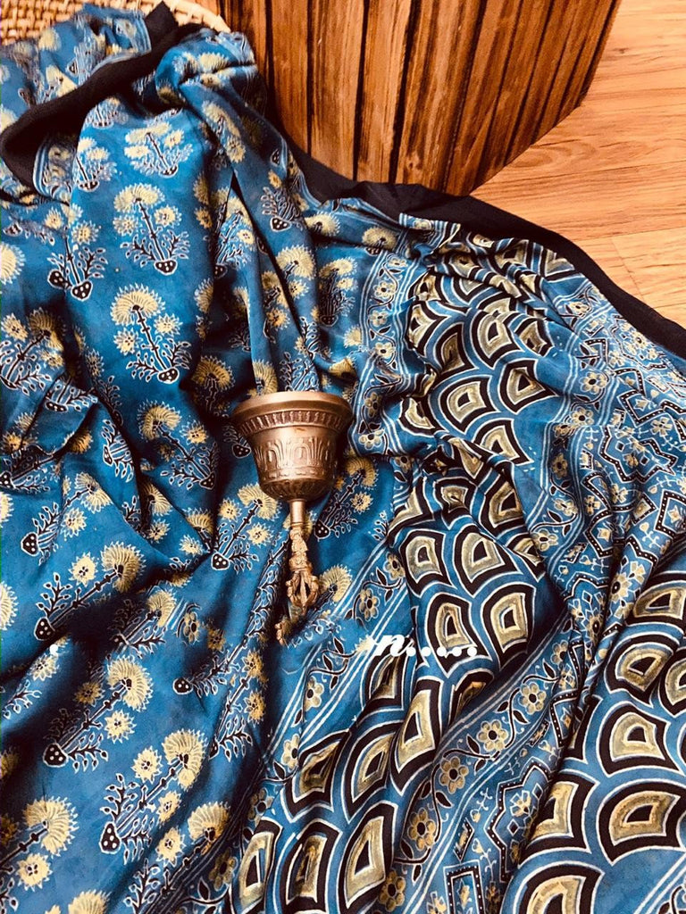 Zynah Pure Modal Silk Ajrakh Saree with Handblock Prints; Custom Stitched/Ready-made Blouse, Fall, Petticoat; Shipping available USA, Worldwide