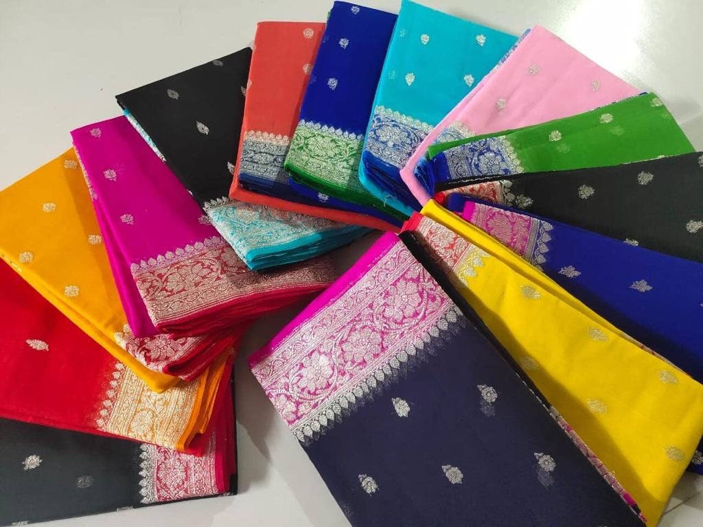 Zynah Pure Banarasi Handloom Khaddi Georgette Saree with Zari Border & Butis; Custom Stitched/Ready-made Blouse, Fall, Petticoat; Shipping available USA, Worldwide