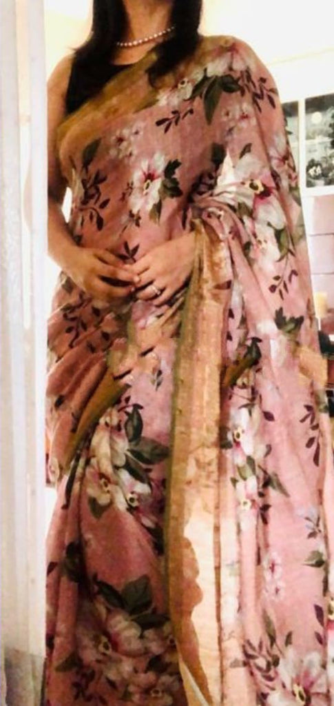 Zynah Organic Pure Linen by Linen(120c) Saree, Digital Floral Prints & Zari Border; Custom Stitched/Ready-made Blouse, Fall, Petticoat; Shipping available USA, Worldwide