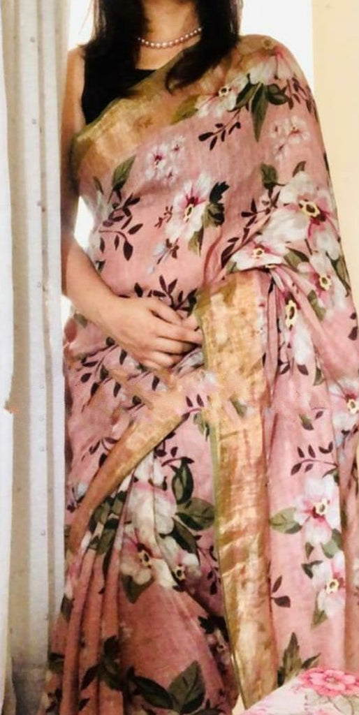 Zynah Organic Pure Linen by Linen(120c) Saree, Digital Floral Prints & Zari Border; Custom Stitched/Ready-made Blouse, Fall, Petticoat; Shipping available USA, Worldwide