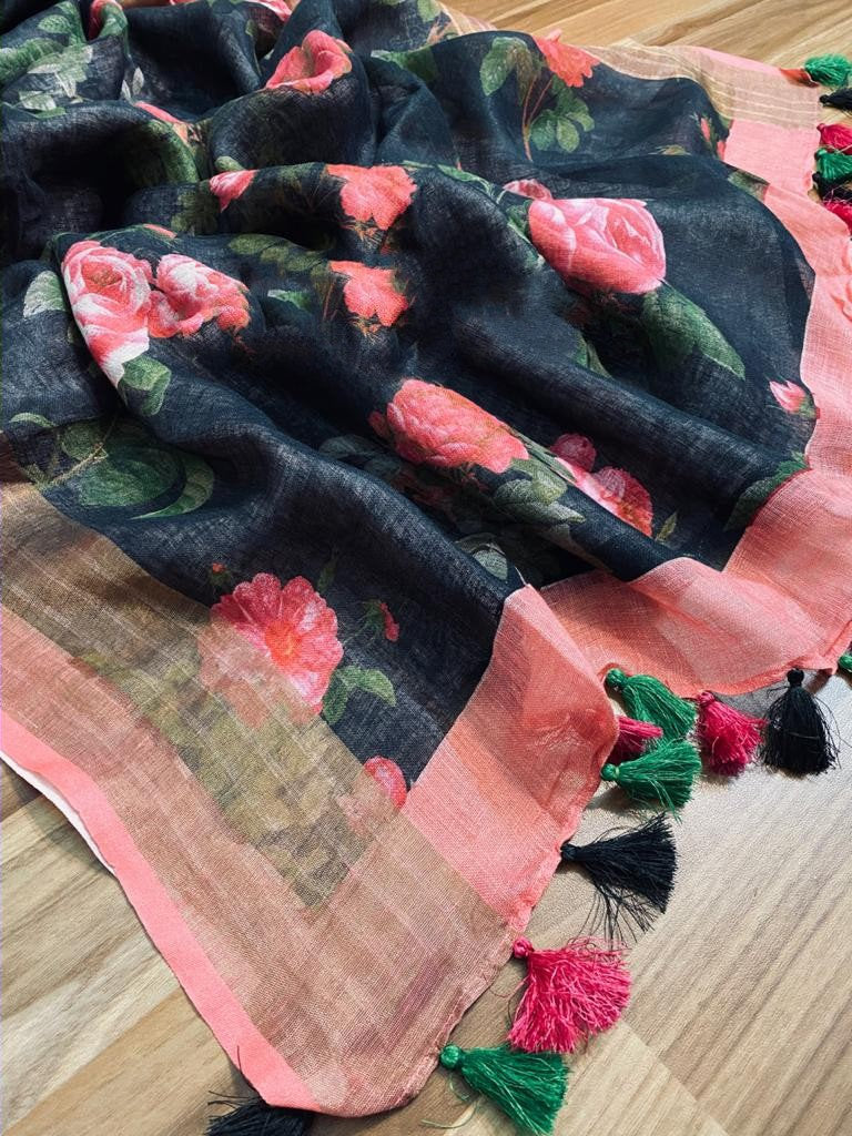 Zynah Digital Printed Organic Lab Tested 120 Count pure 'Linen by Linen' Saree; Custom Stitched/Ready-made Blouse, Fall, Petticoat; Shipping available USA, Worldwide