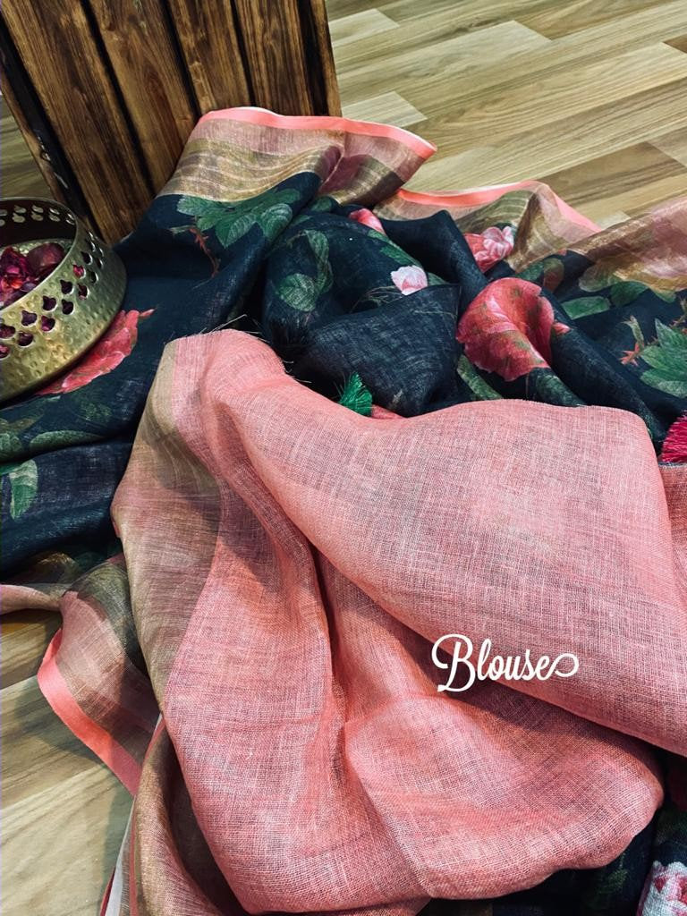 Zynah Digital Printed Organic Lab Tested 120 Count pure 'Linen by Linen' Saree; Custom Stitched/Ready-made Blouse, Fall, Petticoat; Shipping available USA, Worldwide