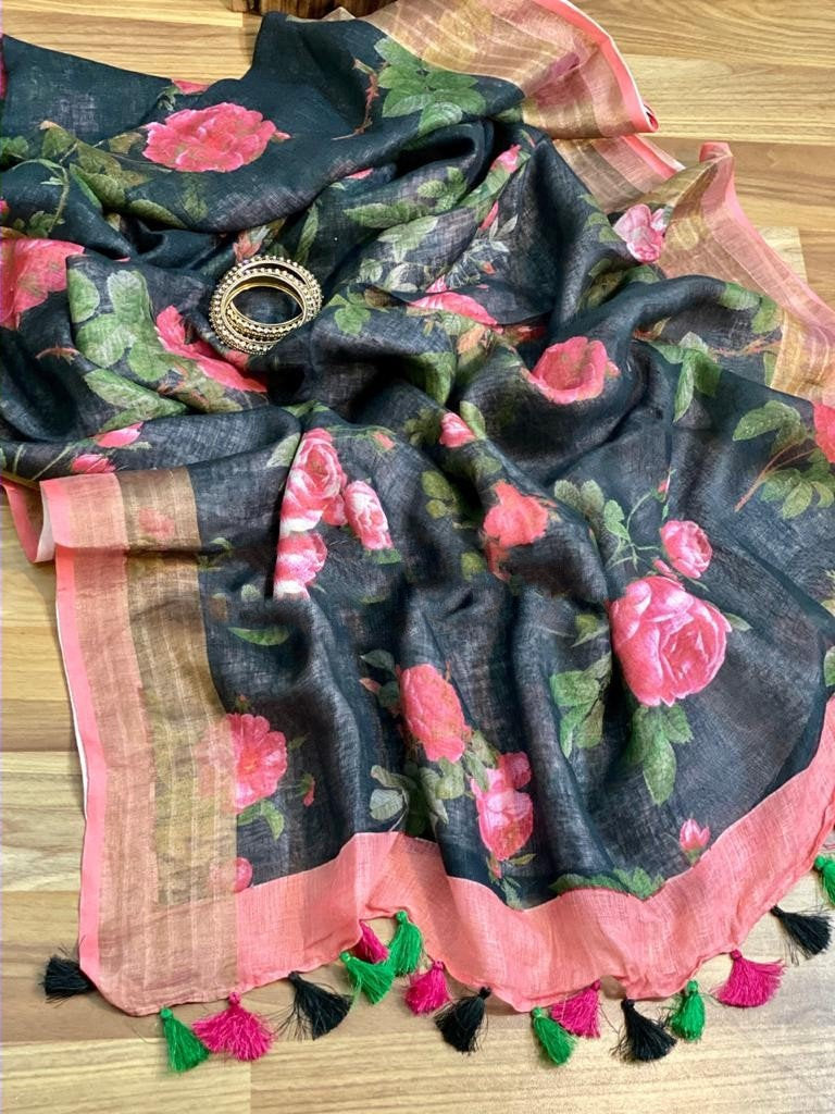 Zynah Digital Printed Organic Lab Tested 120 Count pure 'Linen by Linen' Saree; Custom Stitched/Ready-made Blouse, Fall, Petticoat; Shipping available USA, Worldwide