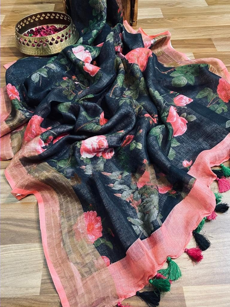 Zynah Digital Printed Organic Lab Tested 120 Count pure 'Linen by Linen' Saree; Custom Stitched/Ready-made Blouse, Fall, Petticoat; Shipping available USA, Worldwide