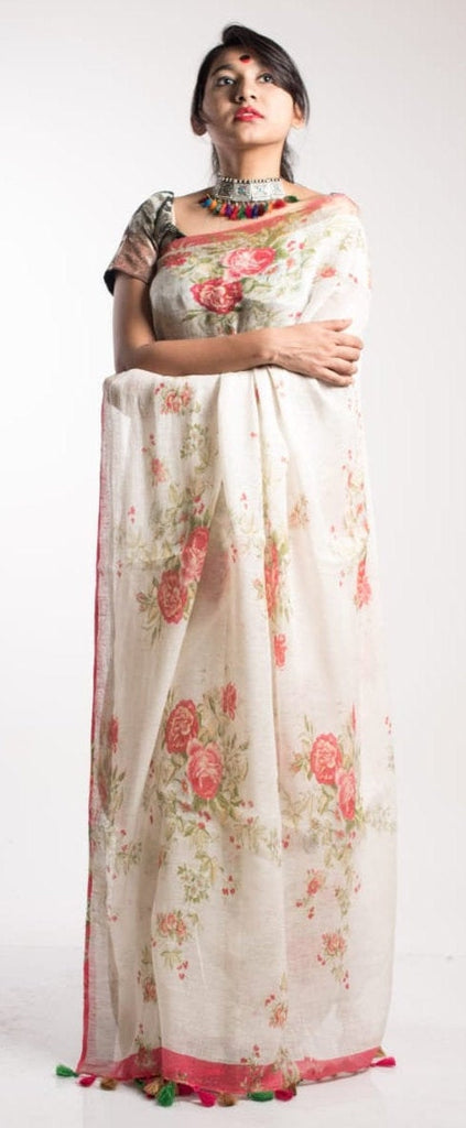 Zynah Digital Printed Organic Lab Tested 120 Count pure 'Linen by Linen' Saree; Custom Stitched/Ready-made Blouse, Fall, Petticoat; Shipping available USA, Worldwide