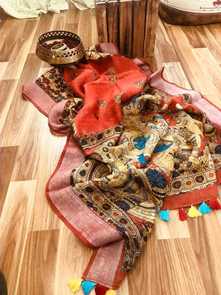 Zynah Kalamkari Organic Lab Tested 120 Count pure 'Linen by Linen' Saree; Custom Stitched/Ready-made Blouse, Fall, Petticoat; Shipping available USA, Worldwide