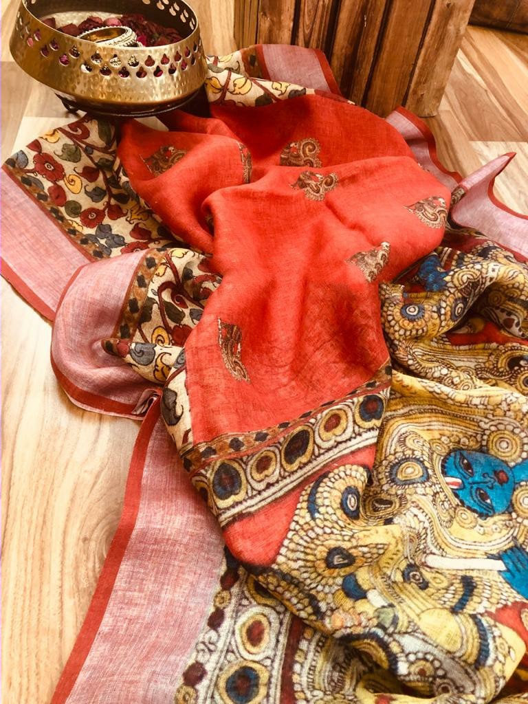 Zynah Kalamkari Organic Lab Tested 120 Count pure 'Linen by Linen' Saree; Custom Stitched/Ready-made Blouse, Fall, Petticoat; Shipping available USA, Worldwide