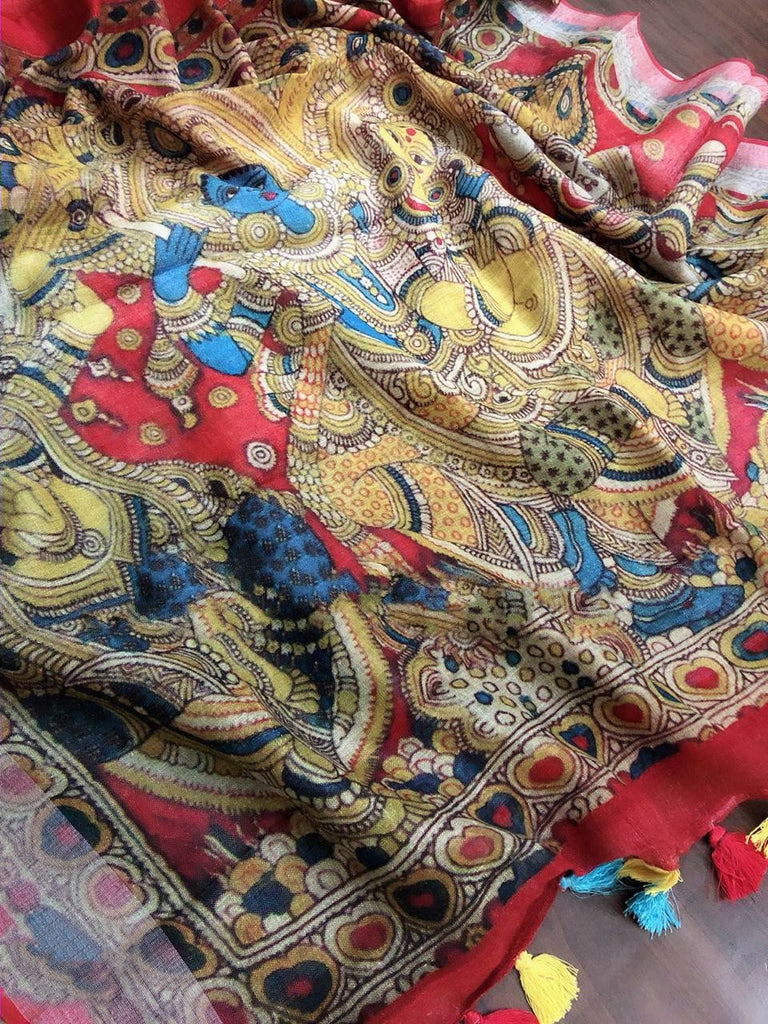 Zynah Kalamkari Organic Lab Tested 120 Count pure 'Linen by Linen' Saree; Custom Stitched/Ready-made Blouse, Fall, Petticoat; Shipping available USA, Worldwide