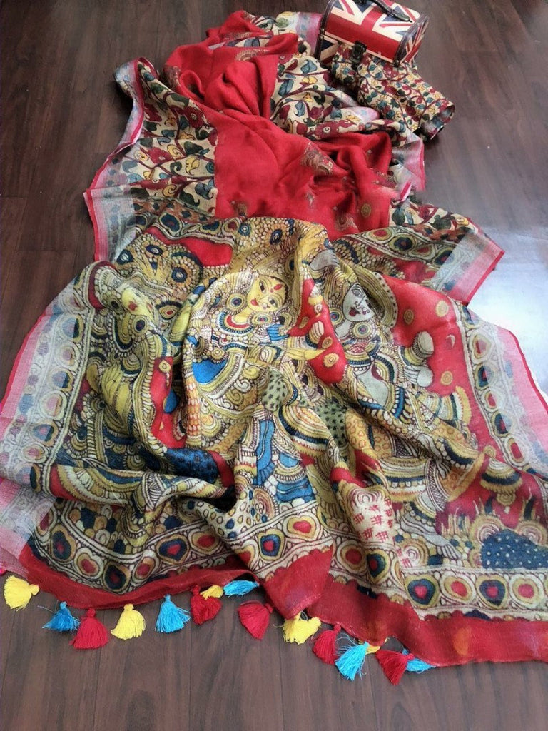 Zynah Kalamkari Organic Lab Tested 120 Count pure 'Linen by Linen' Saree; Custom Stitched/Ready-made Blouse, Fall, Petticoat; Shipping available USA, Worldwide