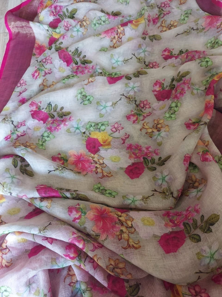 Zynah Floral Organic Lab Tested 120 Count pure 'Linen by Linen' Saree; Custom Stitched/Ready-made Blouse, Fall, Petticoat; Shipping available USA, Worldwide