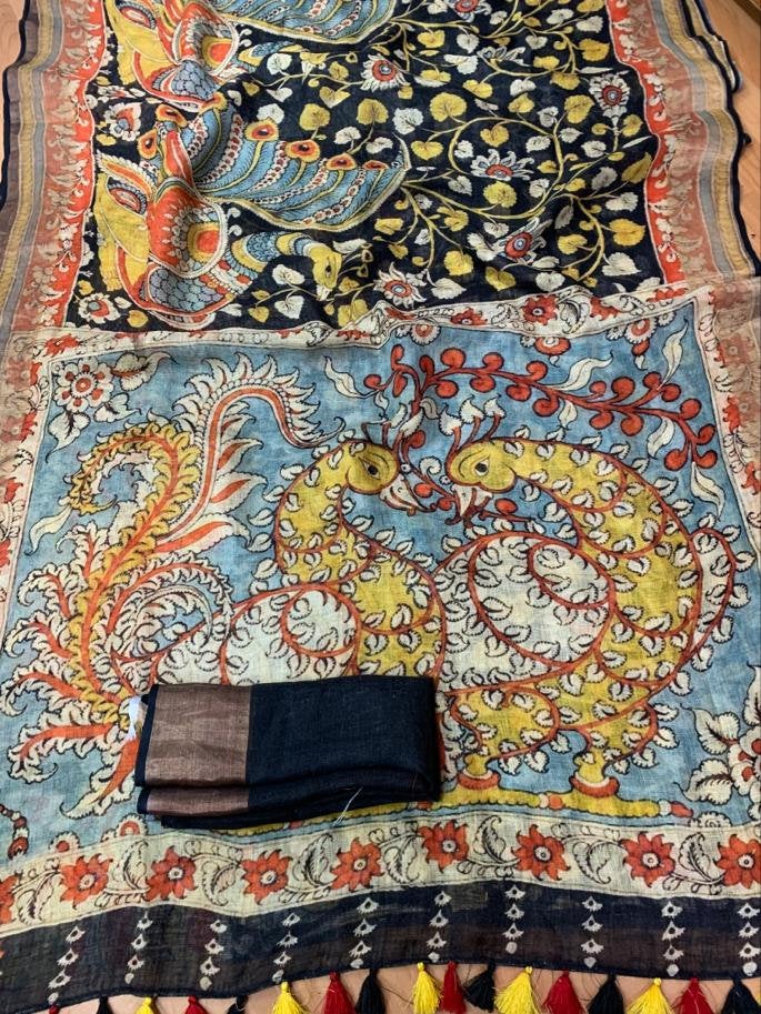 Zynah Kalamkari Organic Lab Tested 120 Count pure 'Linen by Linen' Saree; Custom Stitched/Ready-made Blouse, Fall, Petticoat; Shipping available USA, Worldwide