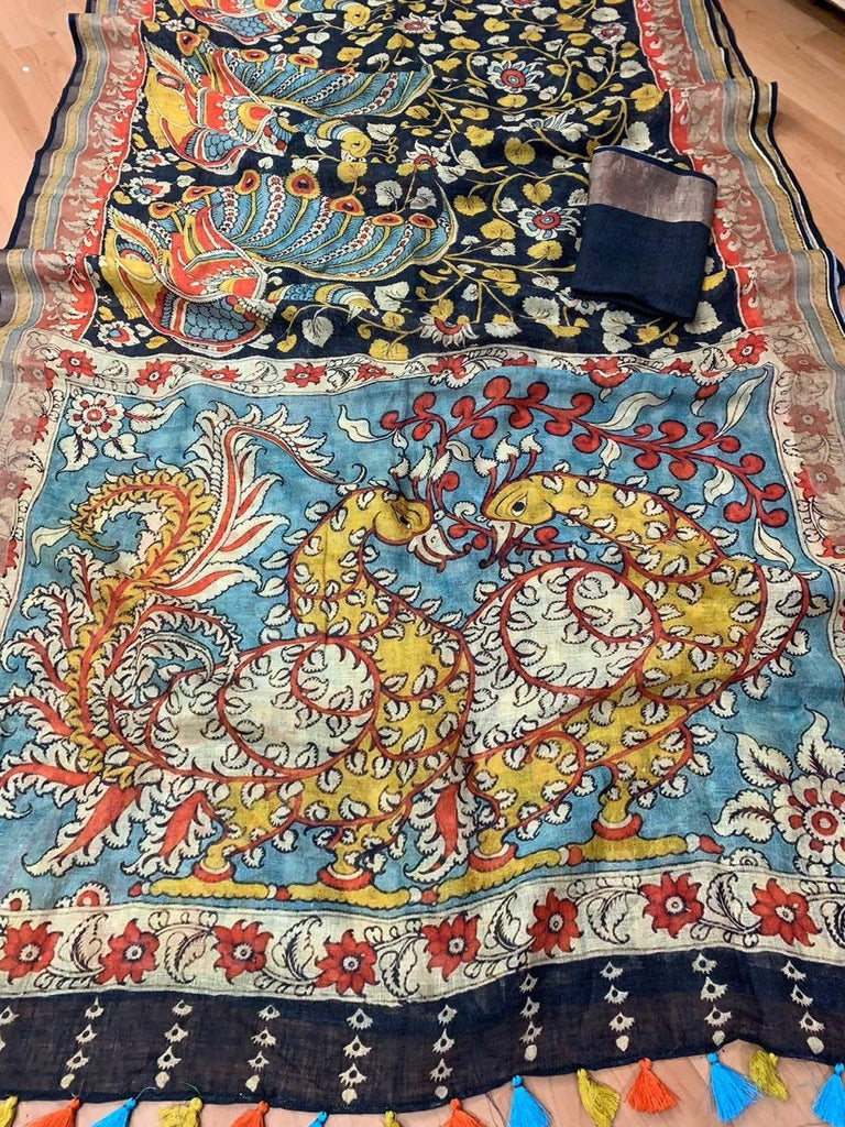 Zynah Kalamkari Organic Lab Tested 120 Count pure 'Linen by Linen' Saree; Custom Stitched/Ready-made Blouse, Fall, Petticoat; Shipping available USA, Worldwide