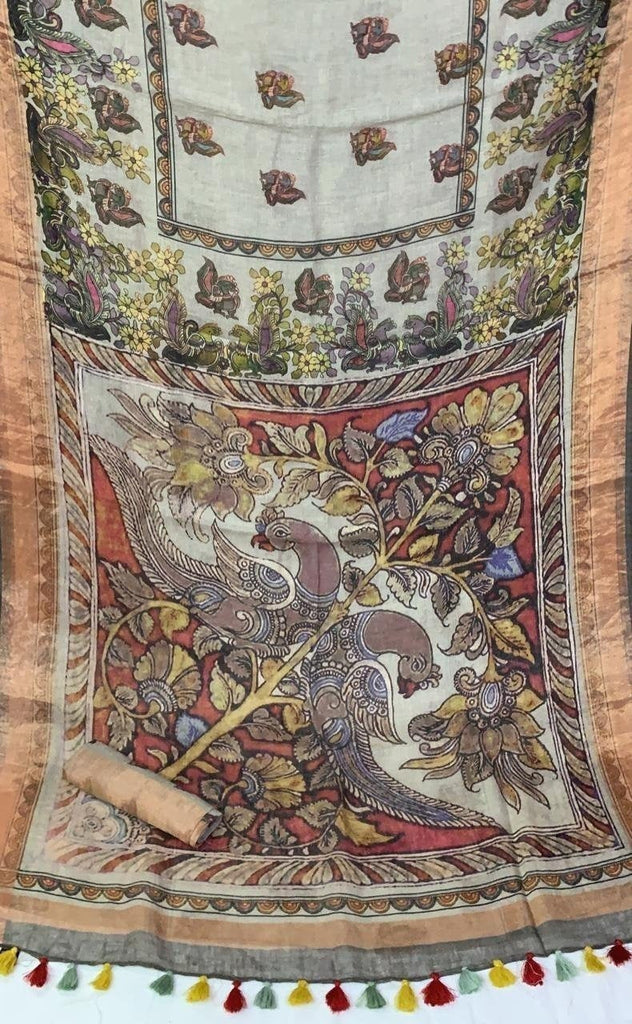 Zynah Kalamkari Printed Organic Lab Tested 120 Count pure 'Linen by Linen' Saree; Custom Stitched/Ready-made Blouse, Fall, Petticoat; Shipping available USA, Worldwide