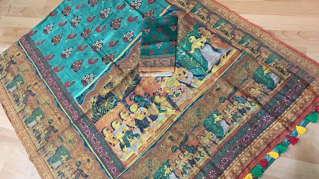 Zynah Kalamkari Organic Lab Tested 120 Count pure 'Linen by Linen' Saree; Custom Stitched/Ready-made Blouse, Fall, Petticoat; Shipping available USA, Worldwide