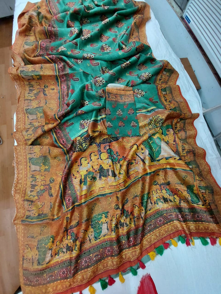 Zynah Kalamkari Organic Lab Tested 120 Count pure 'Linen by Linen' Saree; Custom Stitched/Ready-made Blouse, Fall, Petticoat; Shipping available USA, Worldwide