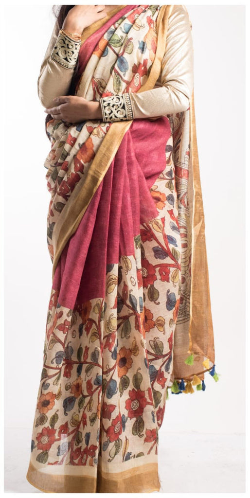 Zynah Kalamkari Organic Lab Tested 120 Count pure 'Linen by Linen' Saree; Custom Stitched/Ready-made Blouse, Fall, Petticoat; Shipping available USA, Worldwide