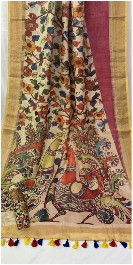 Zynah Kalamkari Organic Lab Tested 120 Count pure 'Linen by Linen' Saree; Custom Stitched/Ready-made Blouse, Fall, Petticoat; Shipping available USA, Worldwide