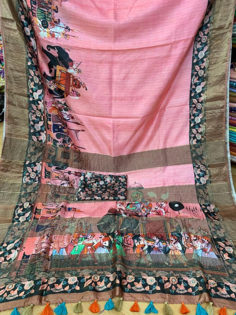 Zynah Kalamkari Organic Lab Tested 120 Count pure 'Linen by Linen' Saree; Custom Stitched/Ready-made Blouse, Fall, Petticoat; Shipping available USA, Worldwide