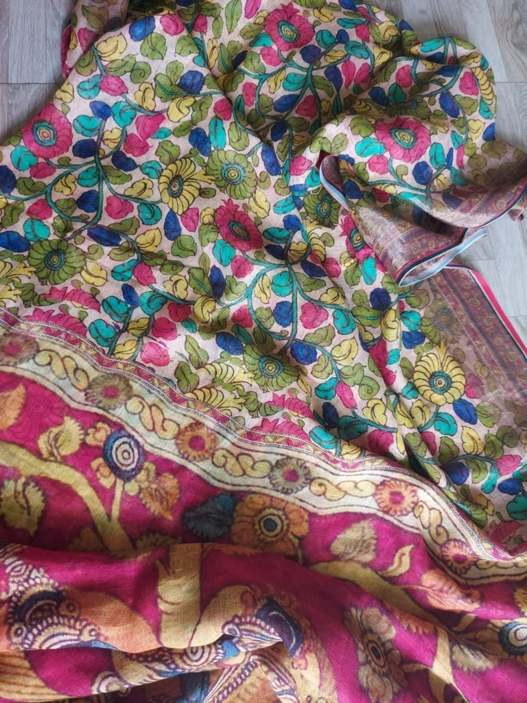 Zynah Kalamkari Organic Lab Tested 120 Count pure 'Linen by Linen' Saree; Custom Stitched/Ready-made Blouse, Fall, Petticoat; Shipping available USA, Worldwide