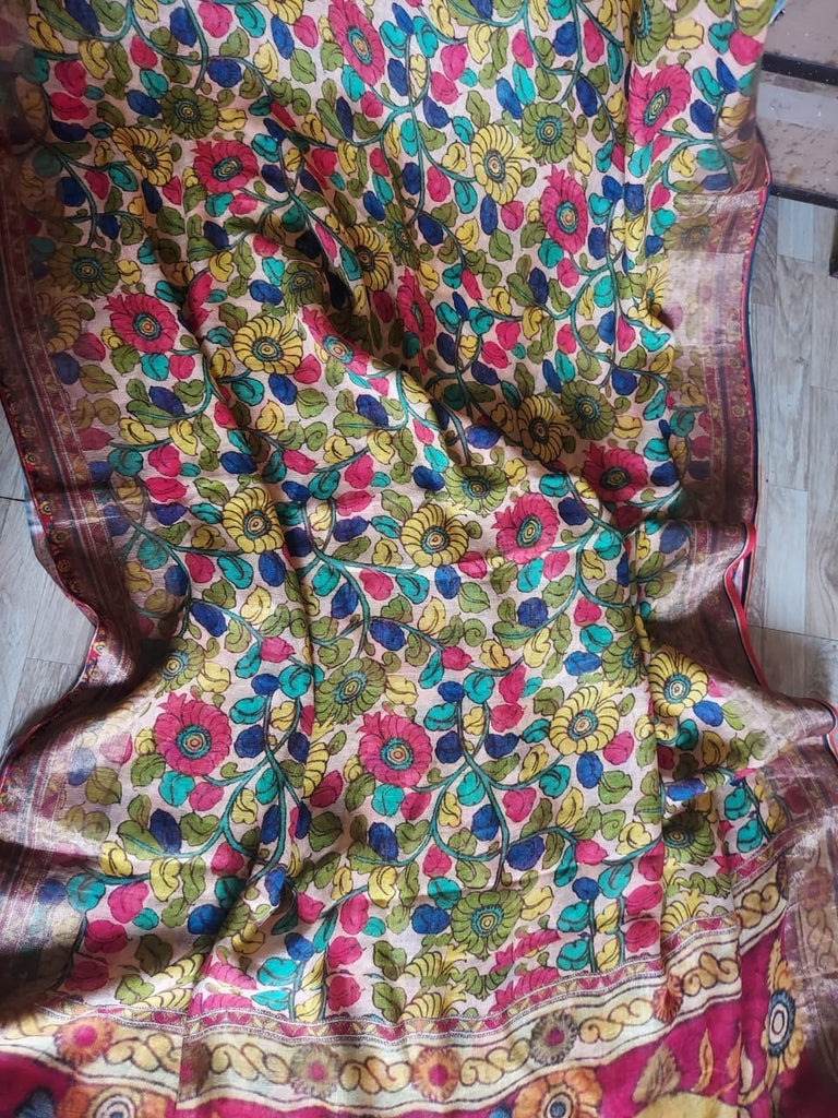 Zynah Kalamkari Organic Lab Tested 120 Count pure 'Linen by Linen' Saree; Custom Stitched/Ready-made Blouse, Fall, Petticoat; Shipping available USA, Worldwide