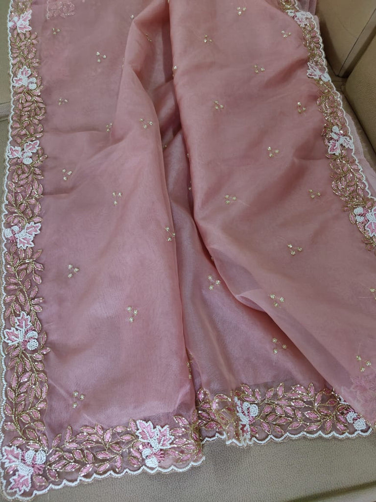 Zynah Organza Silk Saree, Cutdana Work, Pearl Beads Work; Custom Stitched/Ready-made Blouse, Fall, Petticoat; Shipping available USA, Worldwide