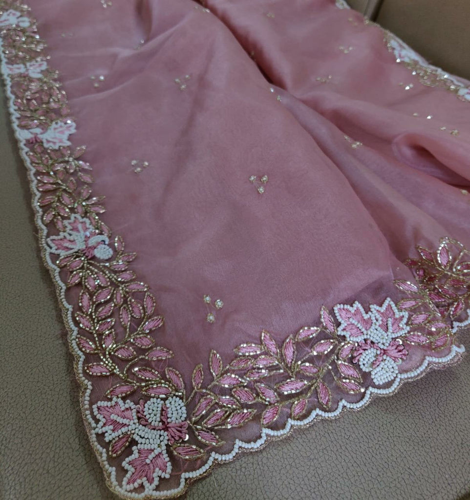 Zynah Organza Silk Saree, Cutdana Work, Pearl Beads Work; Custom Stitched/Ready-made Blouse, Fall, Petticoat; Shipping available USA, Worldwide