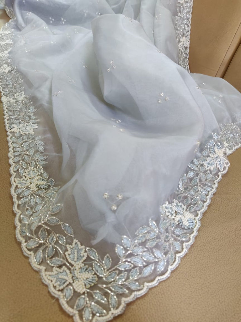 Zynah Organza Silk Saree, Cutdana Work, Pearl Beads Work; Custom Stitched/Ready-made Blouse, Fall, Petticoat; Shipping available USA, Worldwide