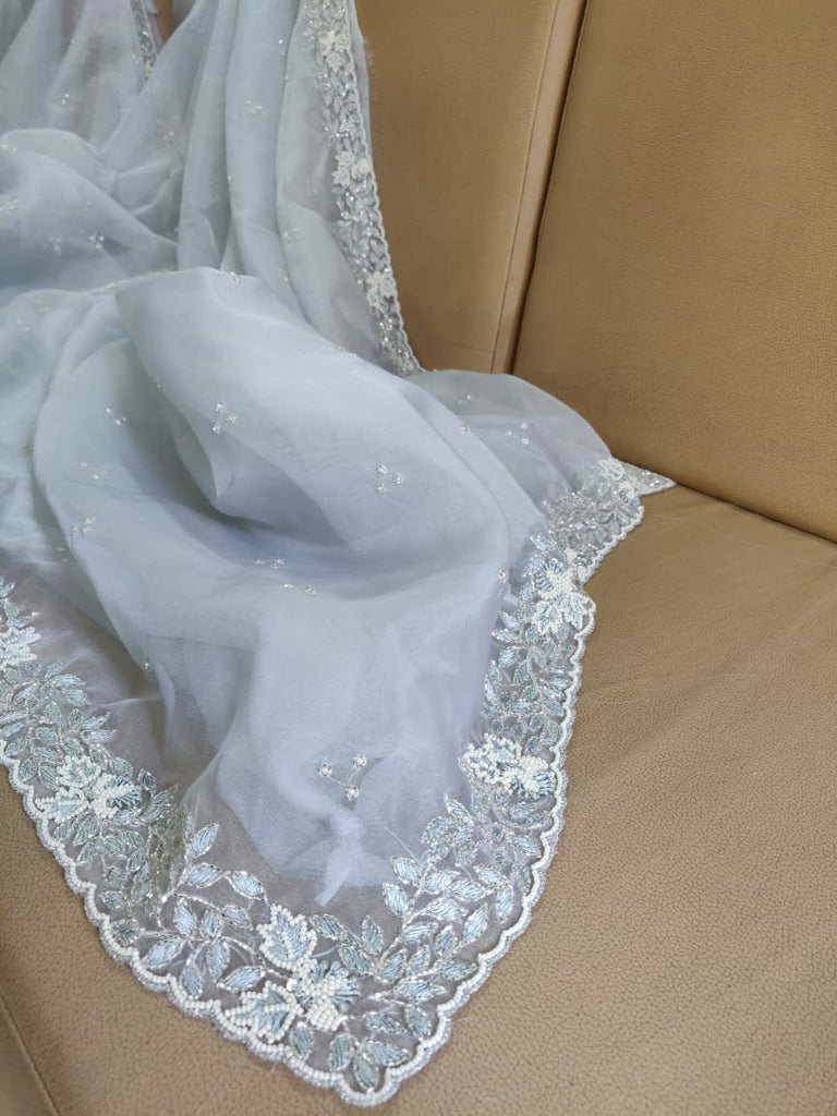 Zynah Organza Silk Saree, Cutdana Work, Pearl Beads Work; Custom Stitched/Ready-made Blouse, Fall, Petticoat; Shipping available USA, Worldwide