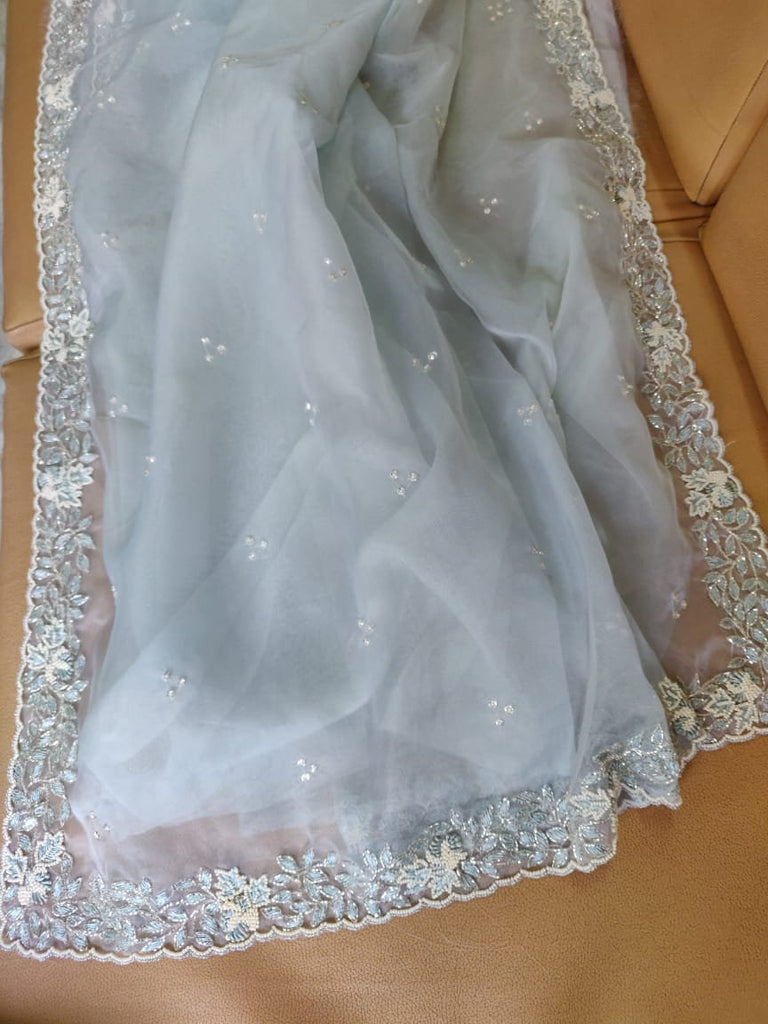 Zynah Organza Silk Saree, Cutdana Work, Pearl Beads Work; Custom Stitched/Ready-made Blouse, Fall, Petticoat; Shipping available USA, Worldwide